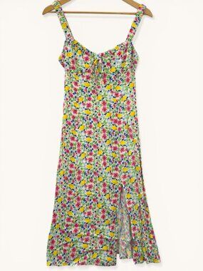 Olivaceous Lemon Floral Midi Dress Tie Bust Slit‎ Spring Cottagecore S Coquette